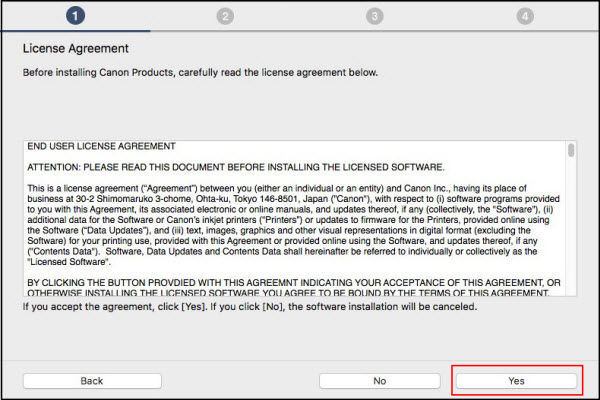 License Agreement screen, Yes button outlined in red